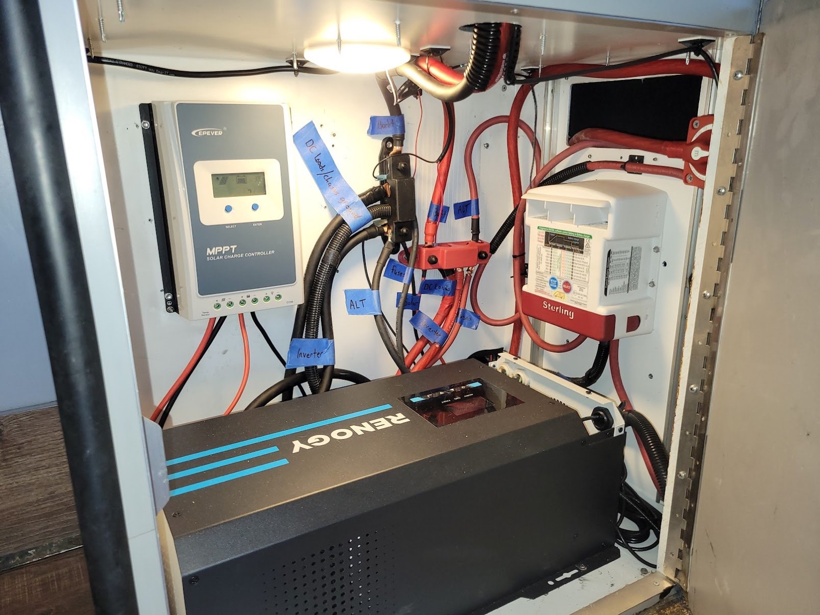 Rambo the Ambo's original unlabeled electrical bay before the power-system rebuild